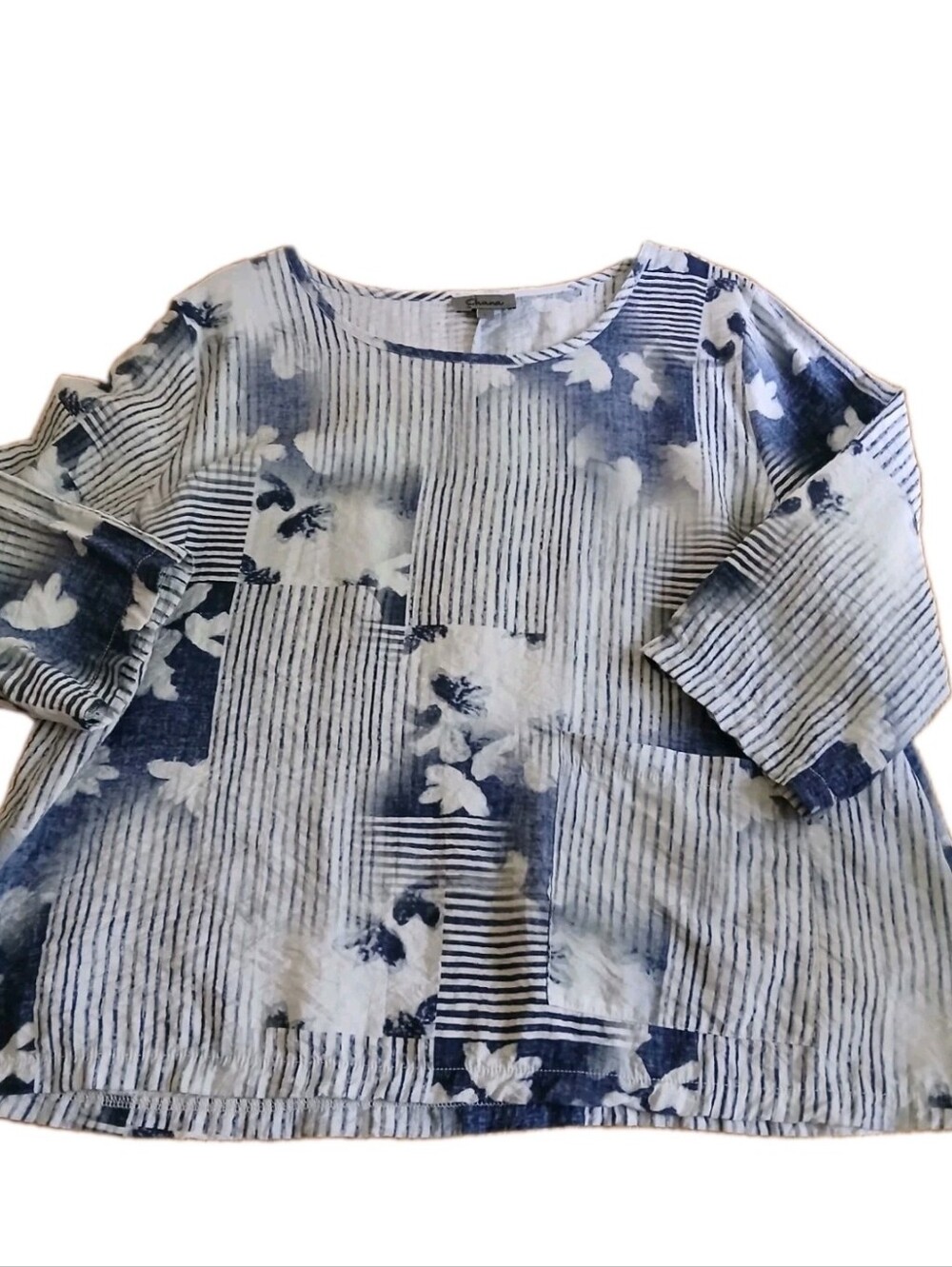 Shana Boxy Arty Lagenlook Lightweight Blue/White Top L